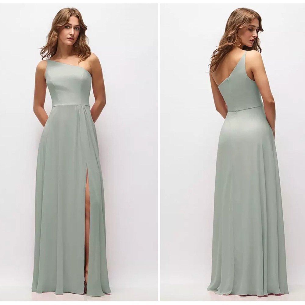 Dessy Group After Six chiffon maxi one shoulder bridesmaid dress in Willow